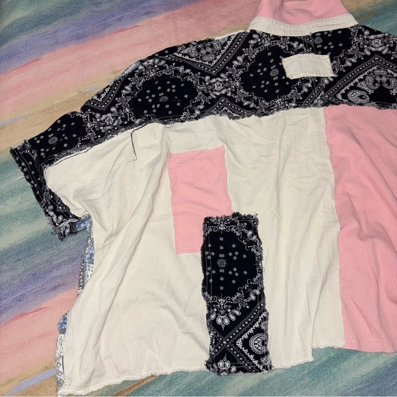 POL Patchwork chambray printed top Button Down Oversize Shirt size M - Picture 12 of 13